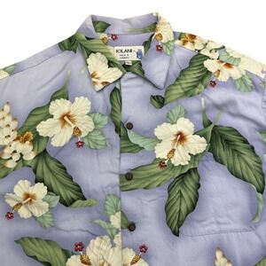 IOLANI Shirt Mens L Purple Short Sleeve Button Up Floral Rayon Made USA Vintage
